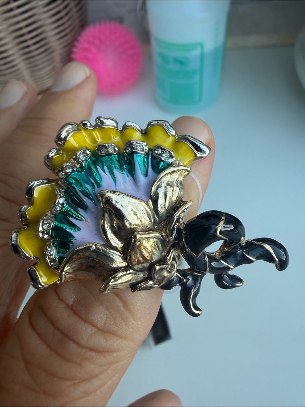 New Roberto Cavalli Multicolor Enamel Floral Brooch in Yellow, Green, Black/Gold